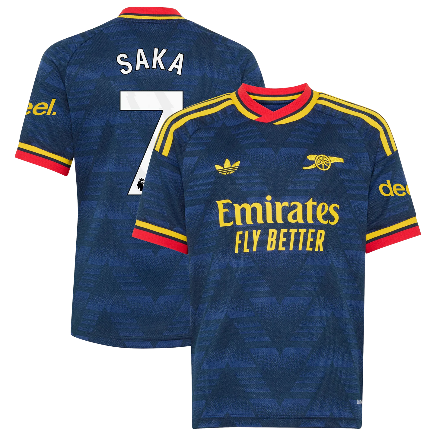Front and back view of youth Arsenal 2026-2027 away navy stadium replica jersey featuring Bukayo Saka by Final Third Kit