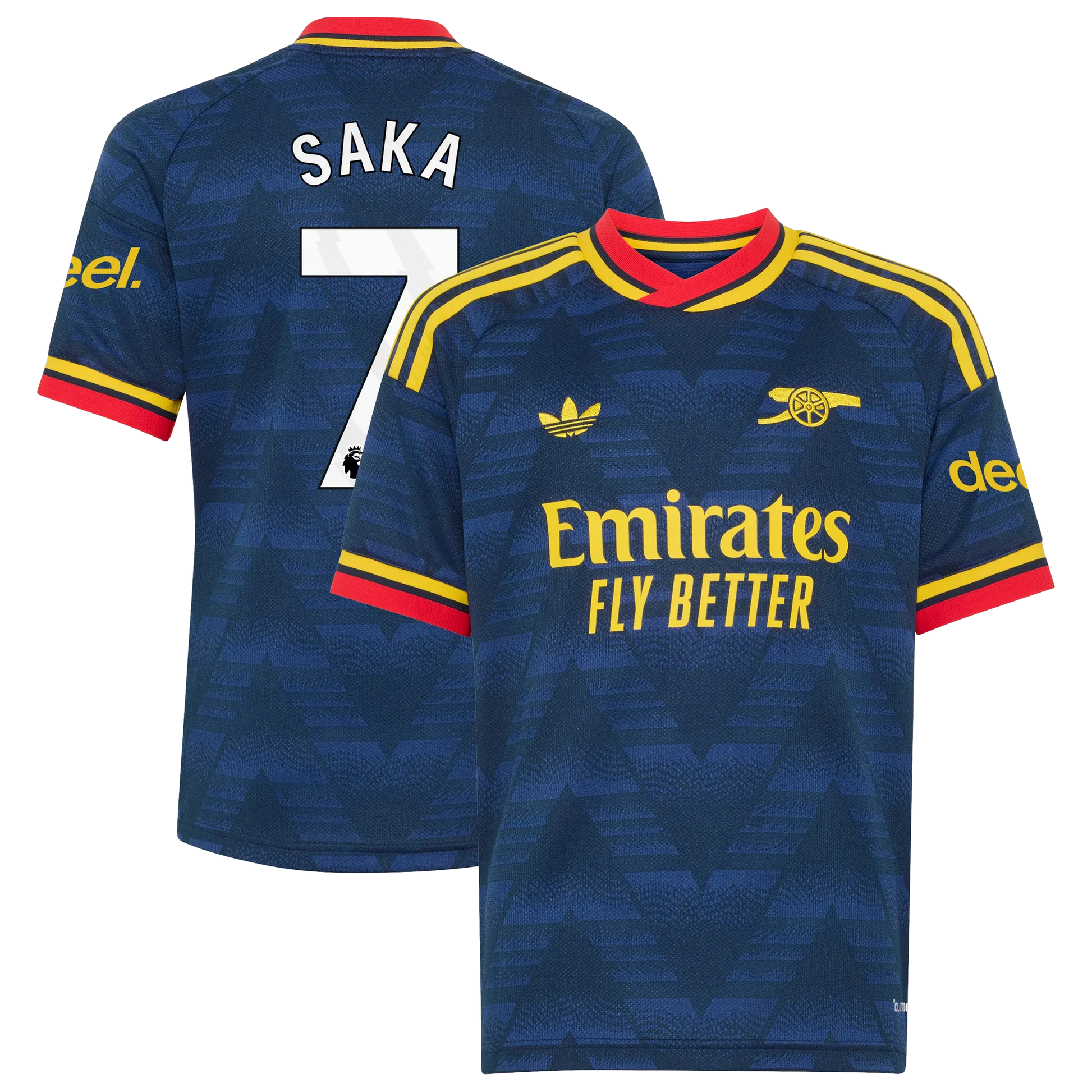 Front and back view of youth Arsenal 2026-2027 away navy stadium replica jersey featuring Bukayo Saka by Final Third Kit