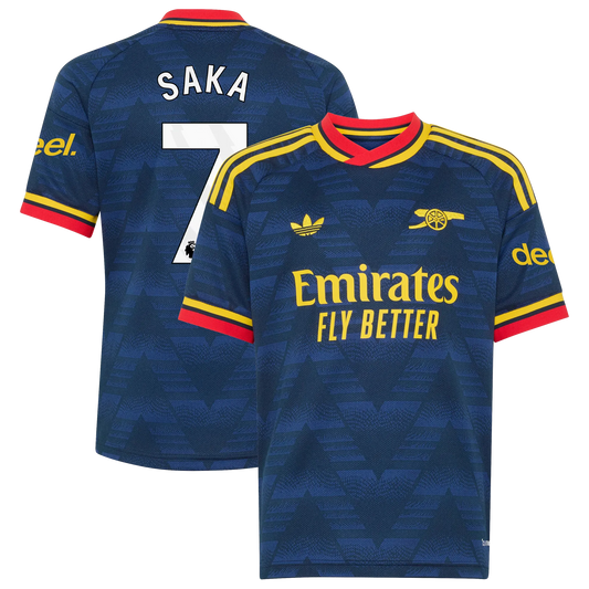 Front and back view of youth Arsenal 2026-2027 away navy stadium replica jersey featuring Bukayo Saka by Final Third Kit