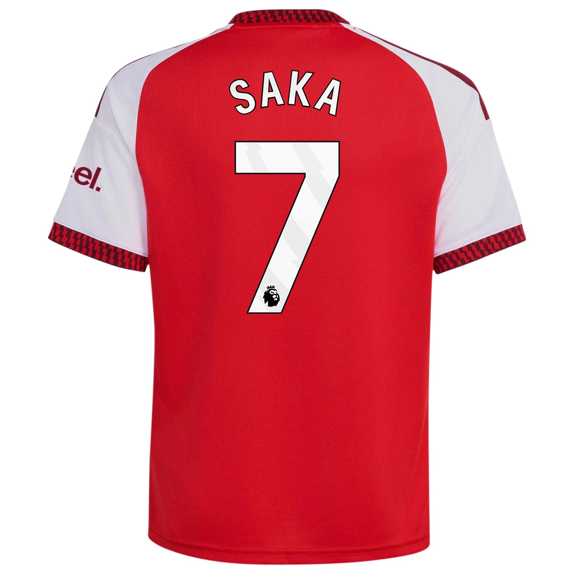 Back view of youth Arsenal 2026-2027 home red football shirt with Bukayo Saka name and number printing by Final Third Kit