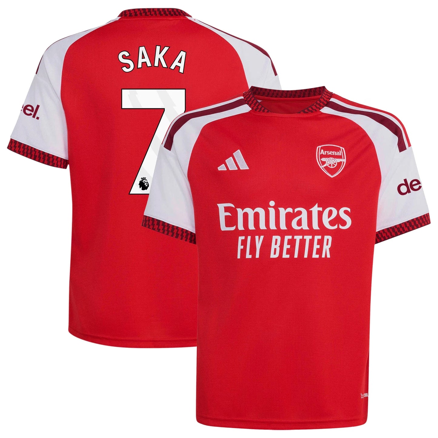 Front and back view of youth Arsenal 2026-2027 home red stadium replica jersey featuring Bukayo Saka by Final Third Kit