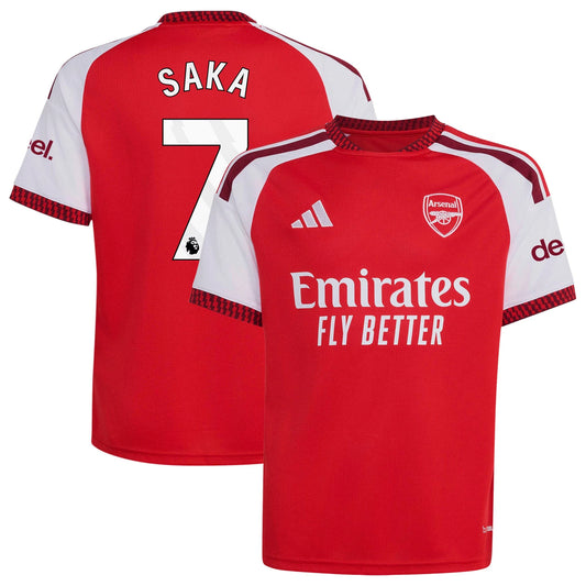Front and back view of youth Arsenal 2026-2027 home red stadium replica jersey featuring Bukayo Saka by Final Third Kit