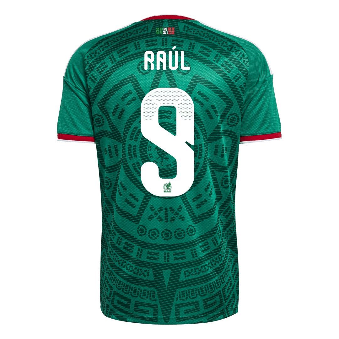 back view of Mexico national team 2026 green home soccer jersey with RAÚL #9 custom print