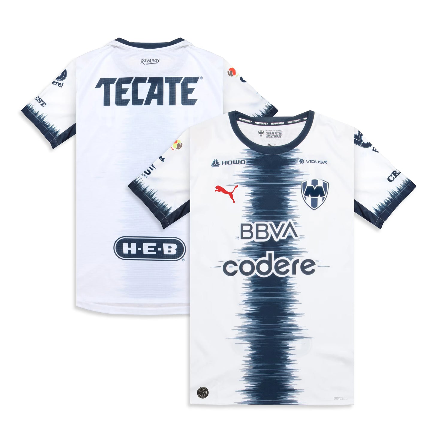 CF Monterrey 2026/27 away replica jersey front and back combined view with white base and blue wave pattern
