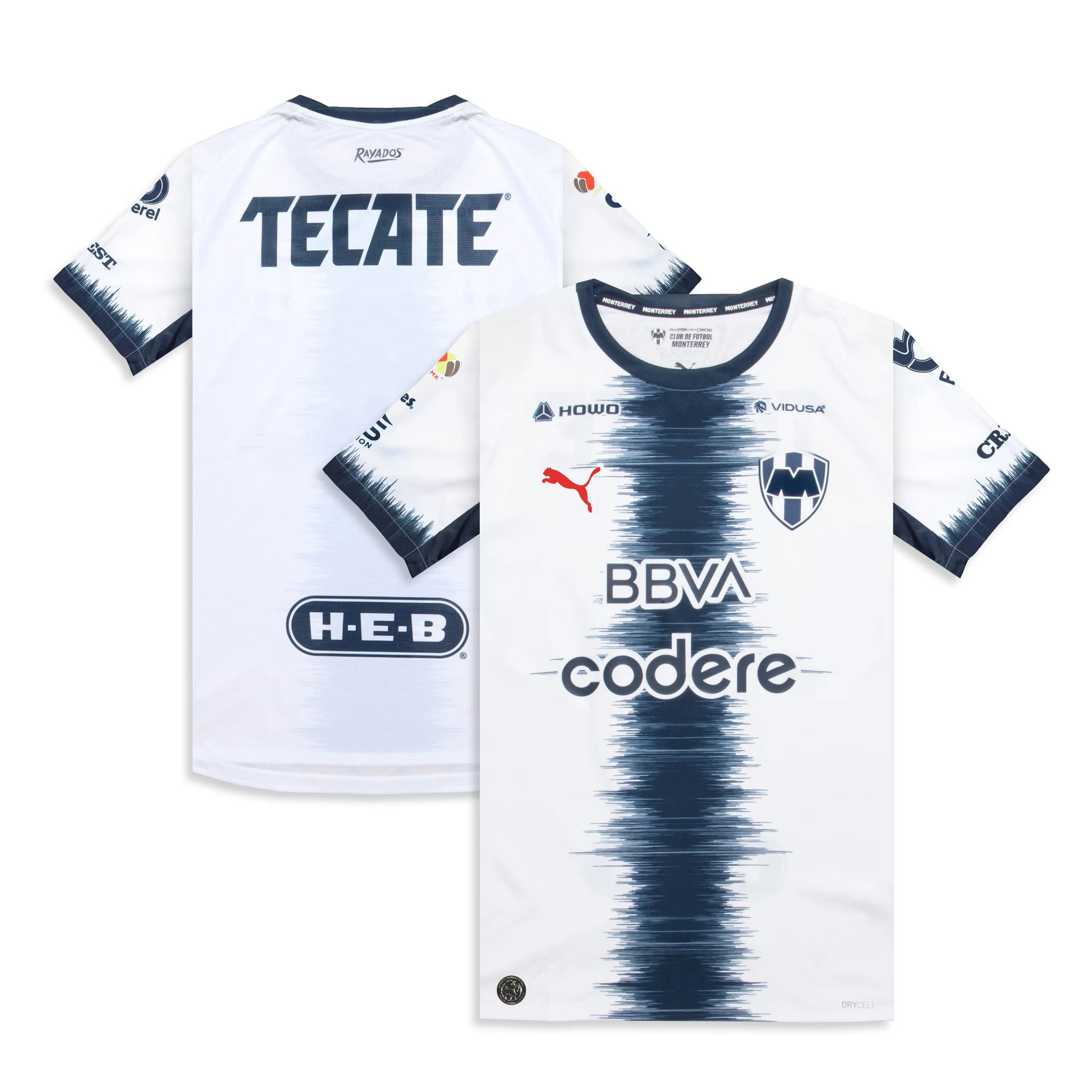 CF Monterrey 2026/27 away replica jersey front and back combined view with white base and blue wave pattern