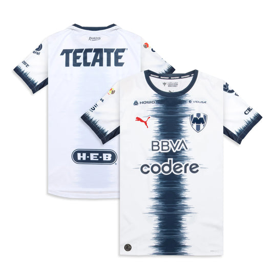 CF Monterrey 2026/27 away replica jersey front and back combined view with white base and blue wave pattern