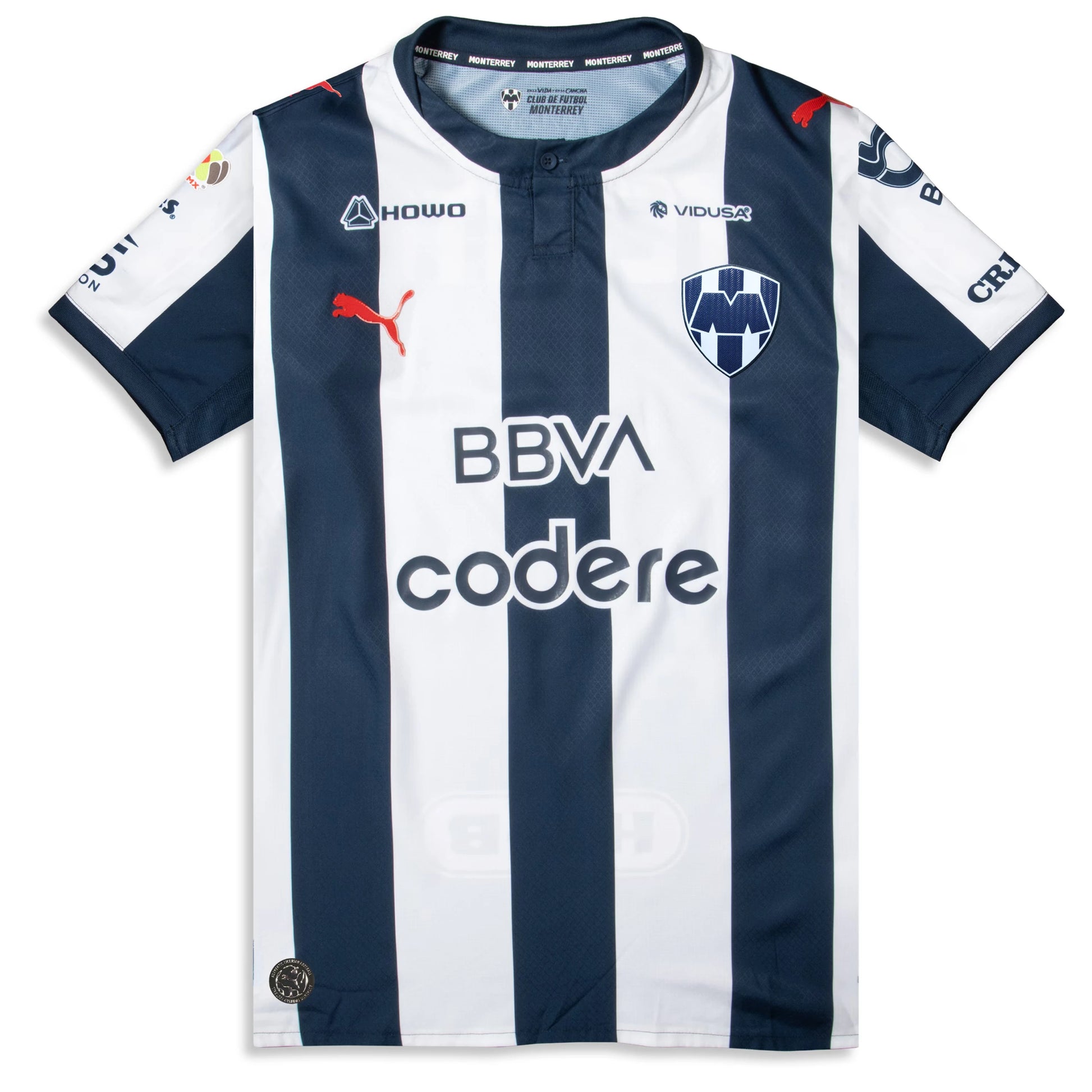 Flat lay of CF Monterrey home stadium replica jersey front with traditional blue and white stripes and club crest