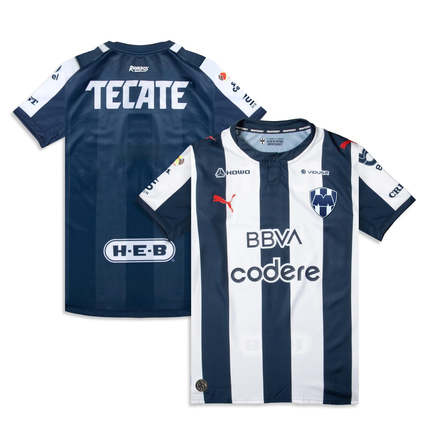 CF Monterrey 2026/27 home stadium replica jersey front and back combined view with blue and white vertical stripes and red Puma logo