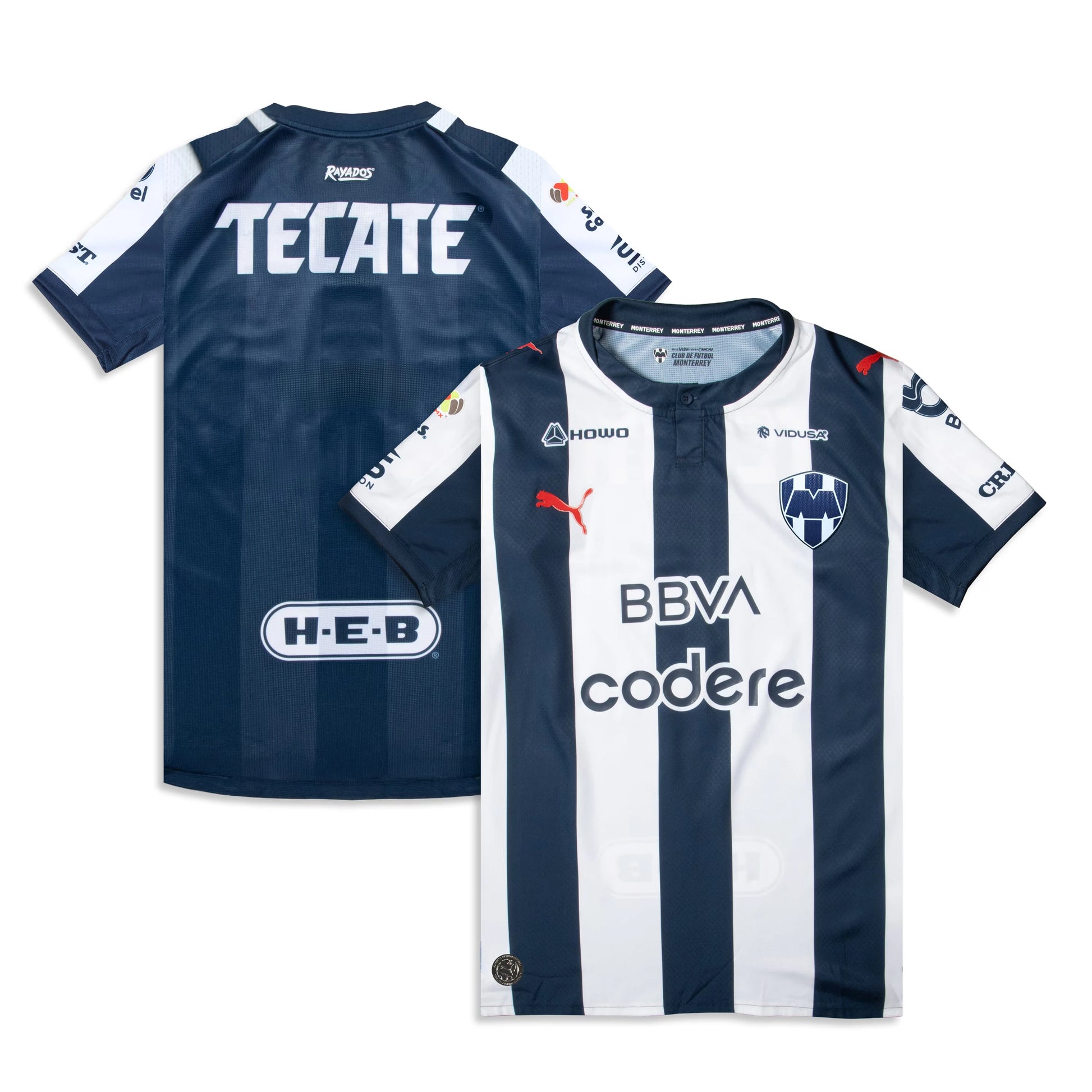 CF Monterrey 2026/27 home stadium replica jersey front and back combined view with blue and white vertical stripes and red Puma logo