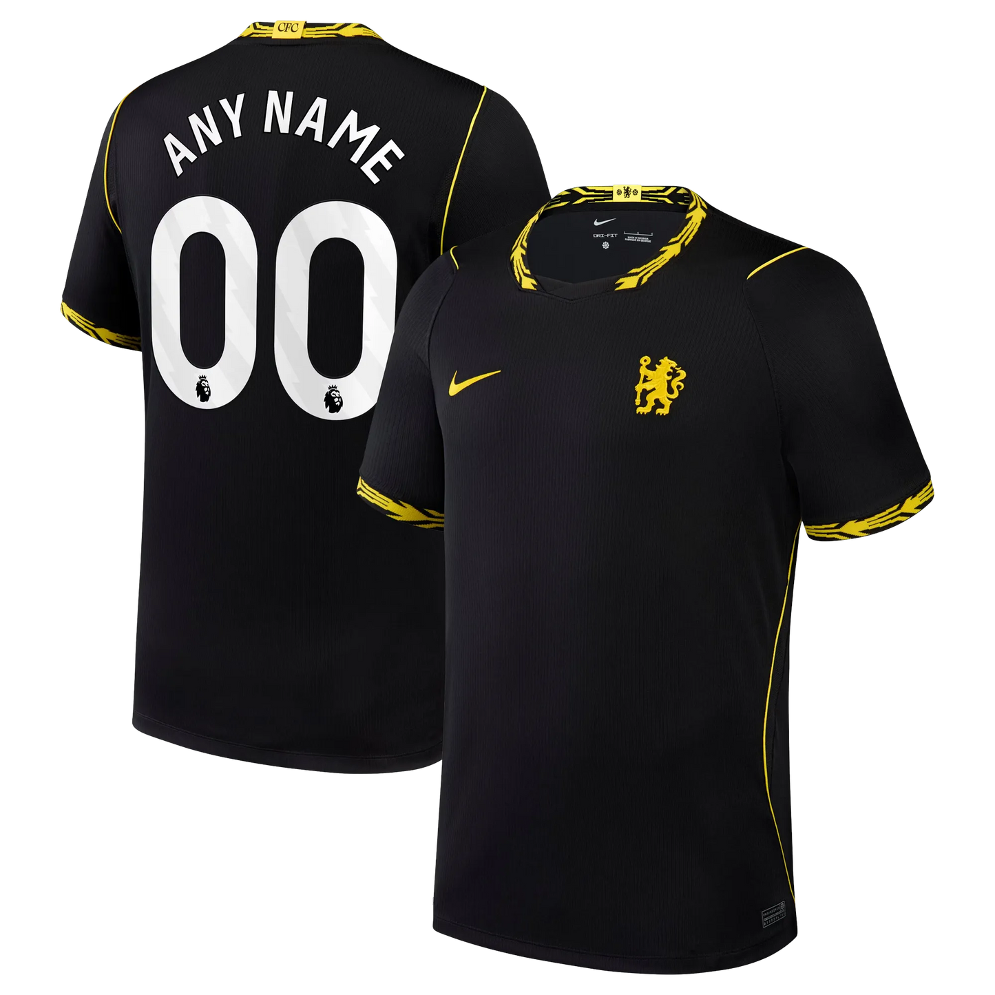 Front and back view of men's Chelsea 2026-2027 away black stadium replica jersey with custom name and number printing by Final Third Kit