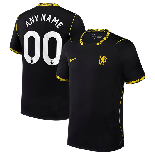 Front and back view of men's Chelsea 2026-2027 away black stadium replica jersey with custom name and number printing by Final Third Kit