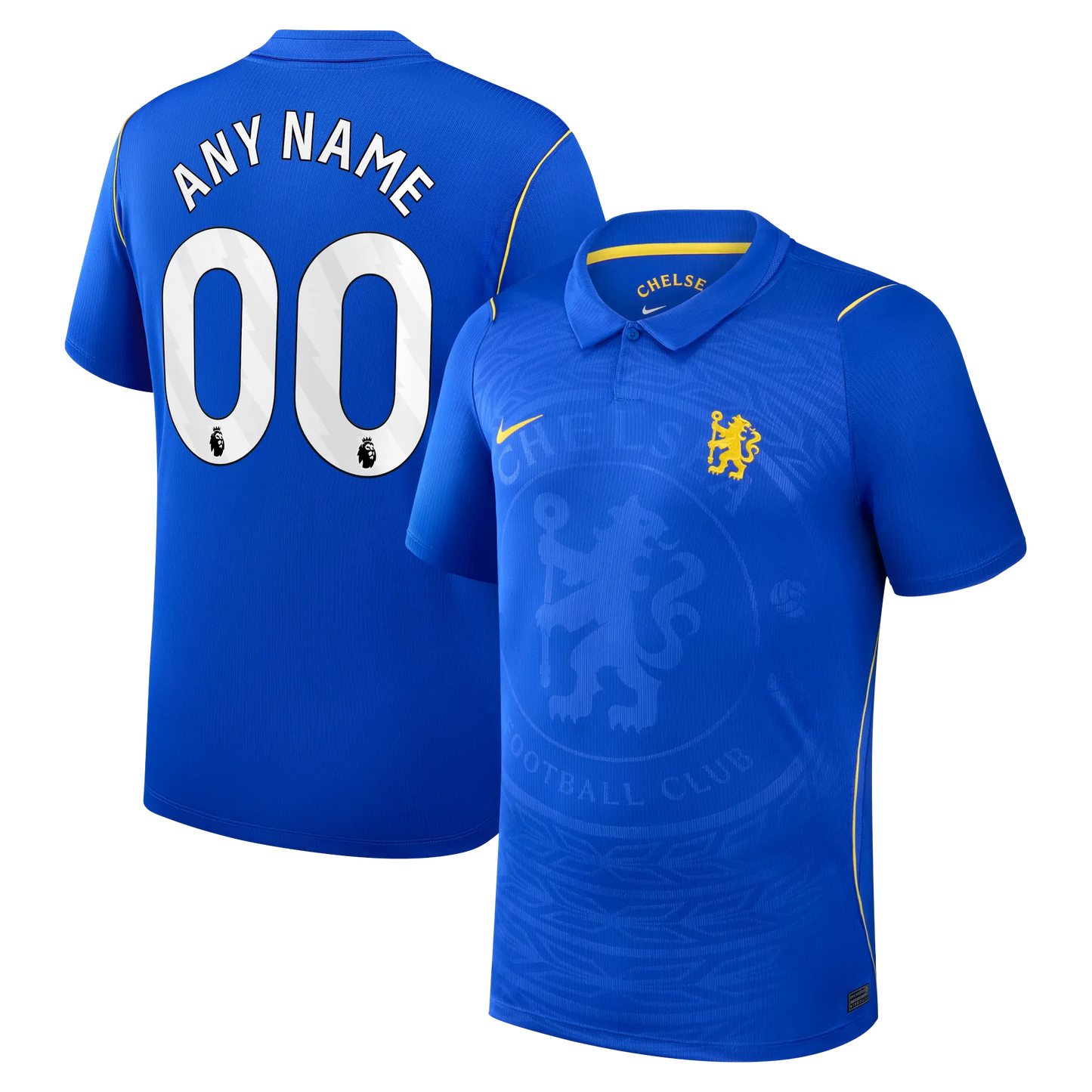 Front and back view of men's Chelsea 2026-2027 home blue stadium replica jersey with custom name and number printing by Final Third Kit