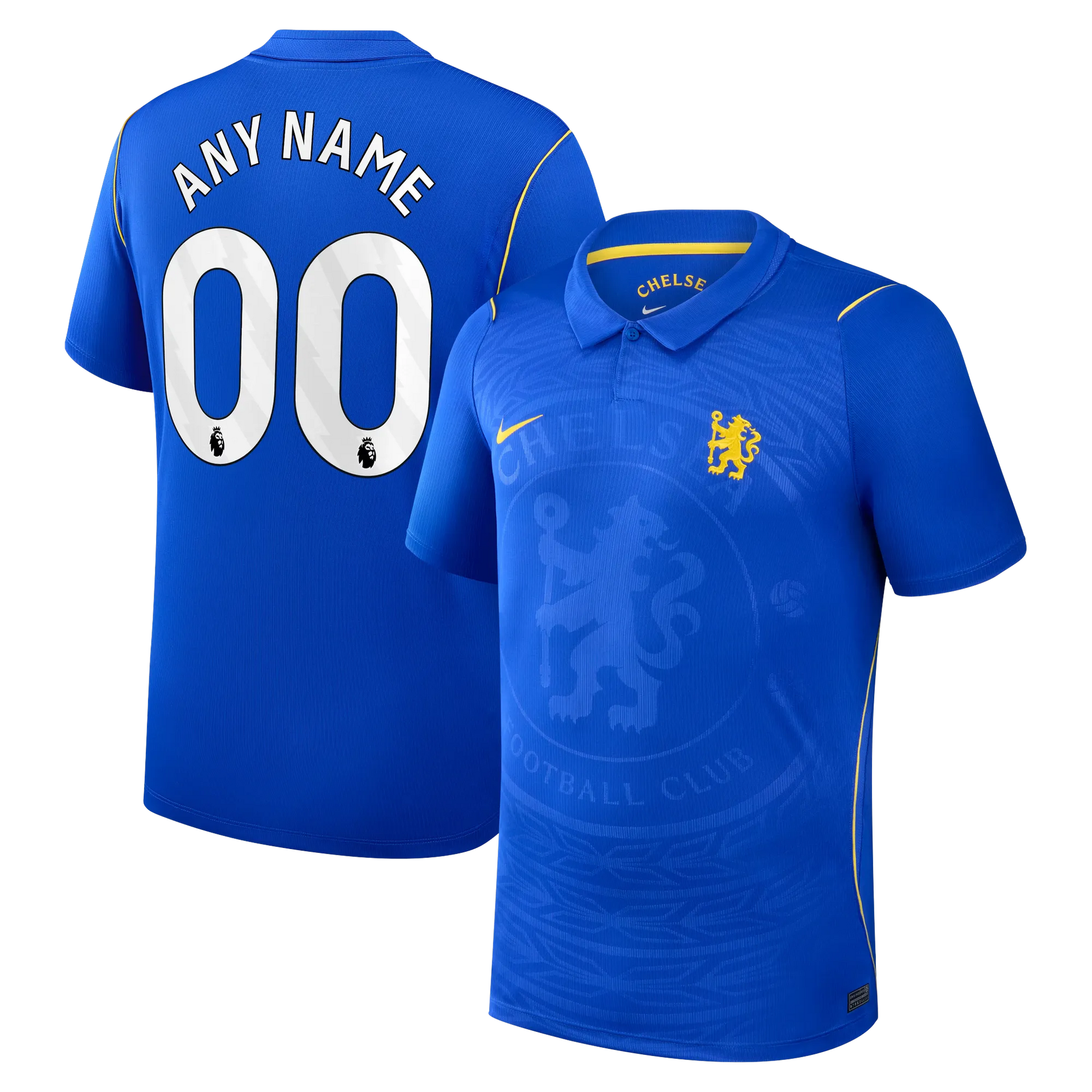 Front and back view of men's Chelsea 2026-2027 home blue stadium replica jersey with custom name and number printing by Final Third Kit