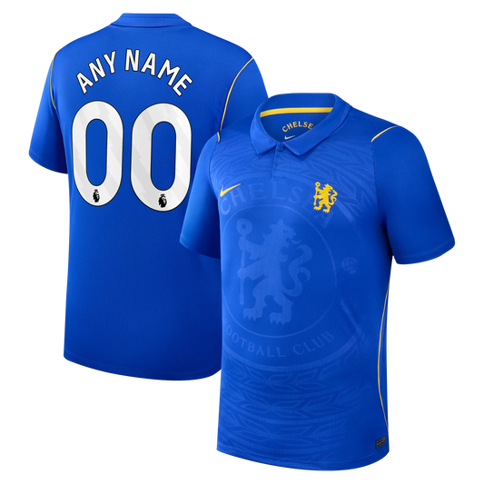 Front and back view of men's Chelsea 2026-2027 home blue stadium replica jersey with custom name and number printing by Final Third Kit