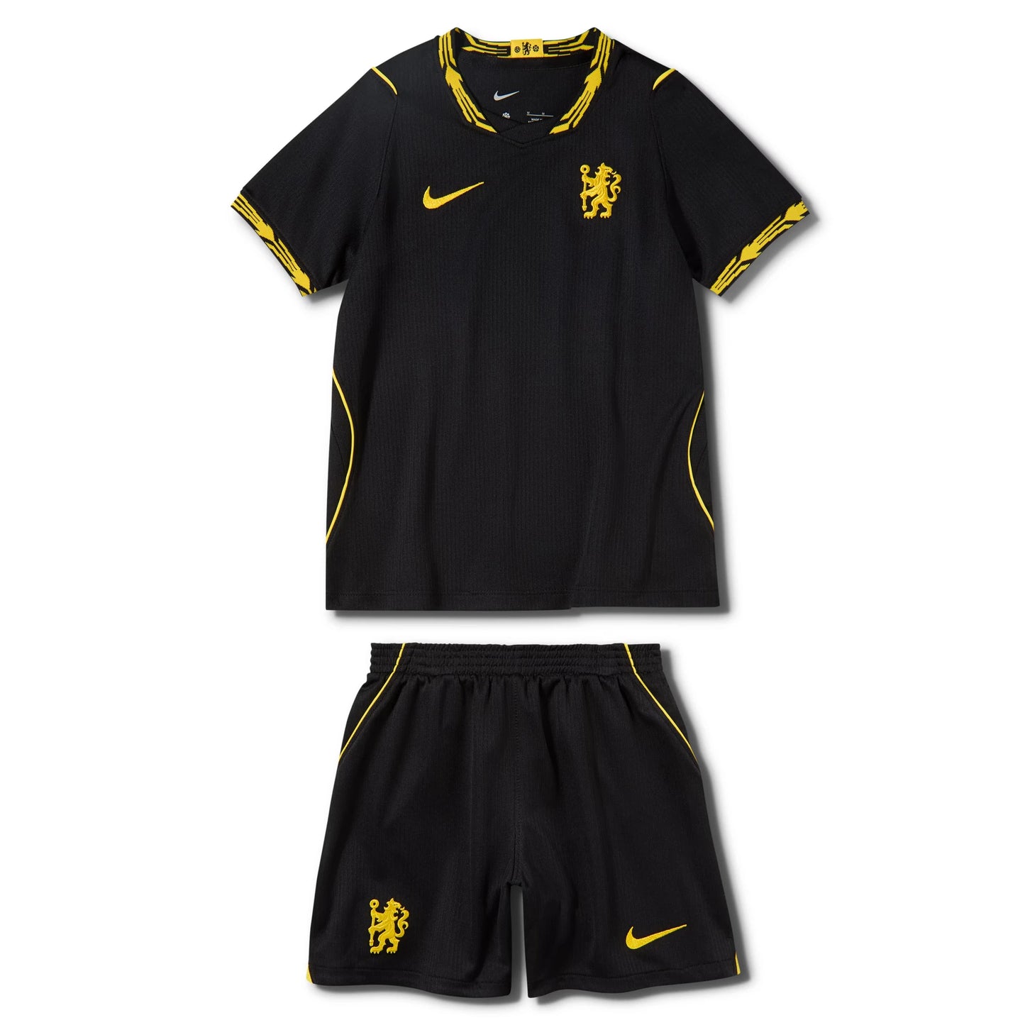 A black Nike soccer kit set for Chelsea FC, featuring a short-sleeve jersey and matching shorts. The jersey is black with yellow trim on the collar, sleeve cuffs, and sides, featuring the yellow Nike swoosh and Chelsea lion crest.