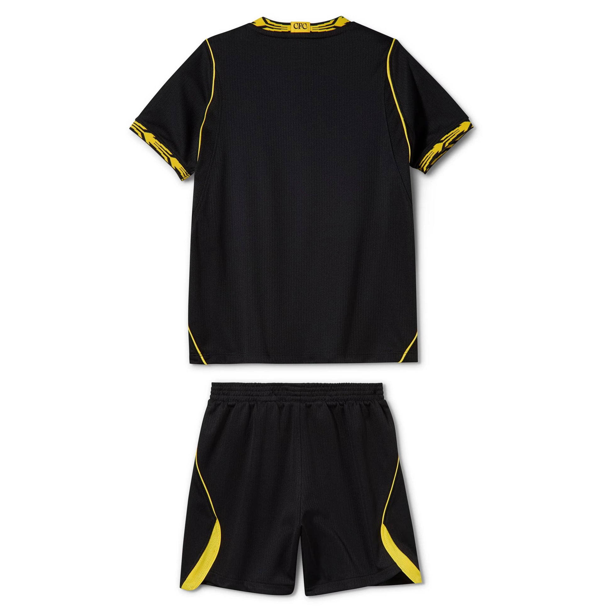 A black athletic two-piece kit featuring a short-sleeve jersey and matching shorts, both with yellow piping details along the collar, sleeve cuffs, and side panels.