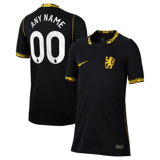 Front and back view of youth Chelsea 2026-2027 away black stadium replica custom jersey by Final Third Kit