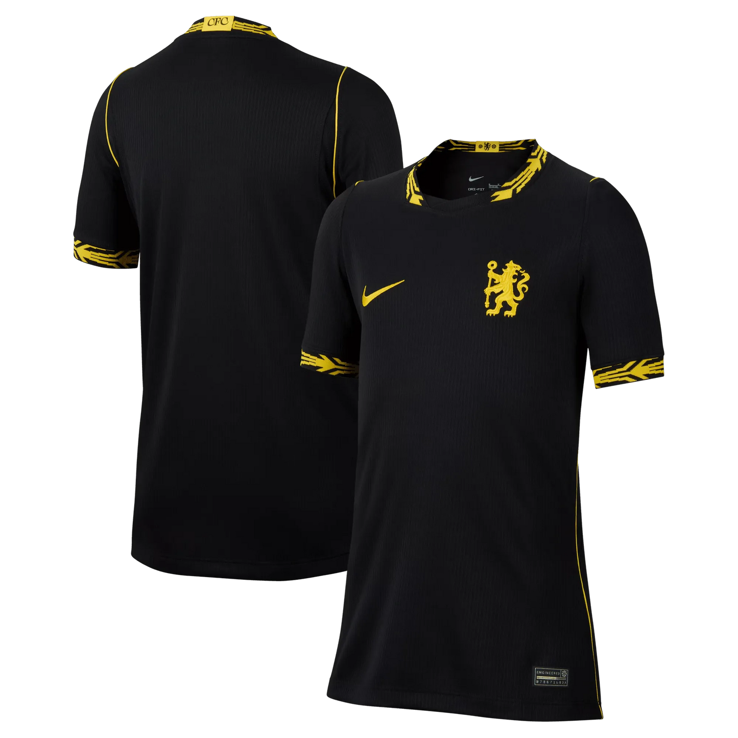 Front and back view of youth Chelsea 2026-2027 away black stadium replica jersey by Final Third Kit