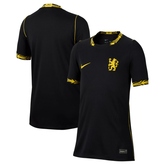 Front and back view of youth Chelsea 2026-2027 away black stadium replica jersey by Final Third Kit
