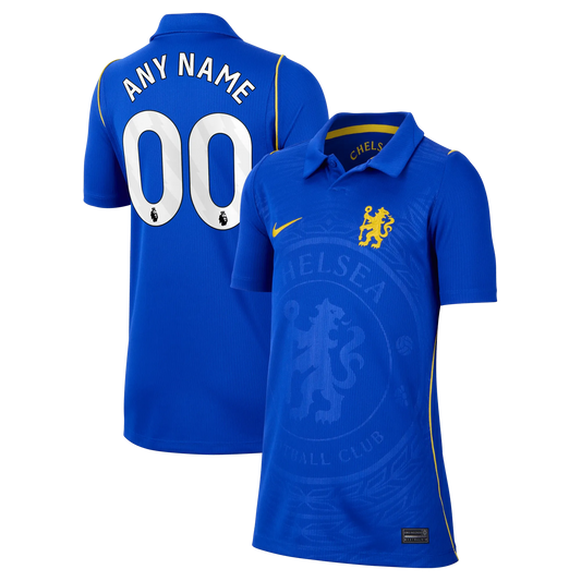 Front and back view of youth Chelsea 2026-2027 home blue stadium replica custom jersey by Final Third Kit