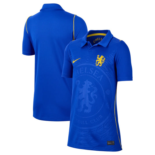 Front and back view of youth Chelsea 2026-2027 home blue stadium replica jersey by Final Third Kit