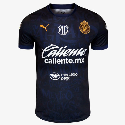 Flat lay of Chivas 2025 third replica jersey front with black design and club crest