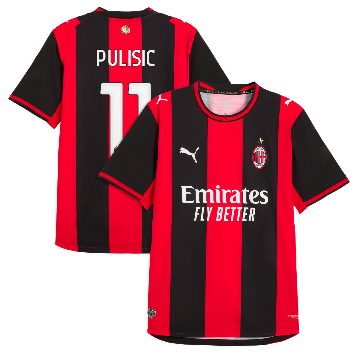 Front and back view of AC Milan 2026-2027 home red on-field authentic jersey featuring Christian Pulisic by Final Third Kit
