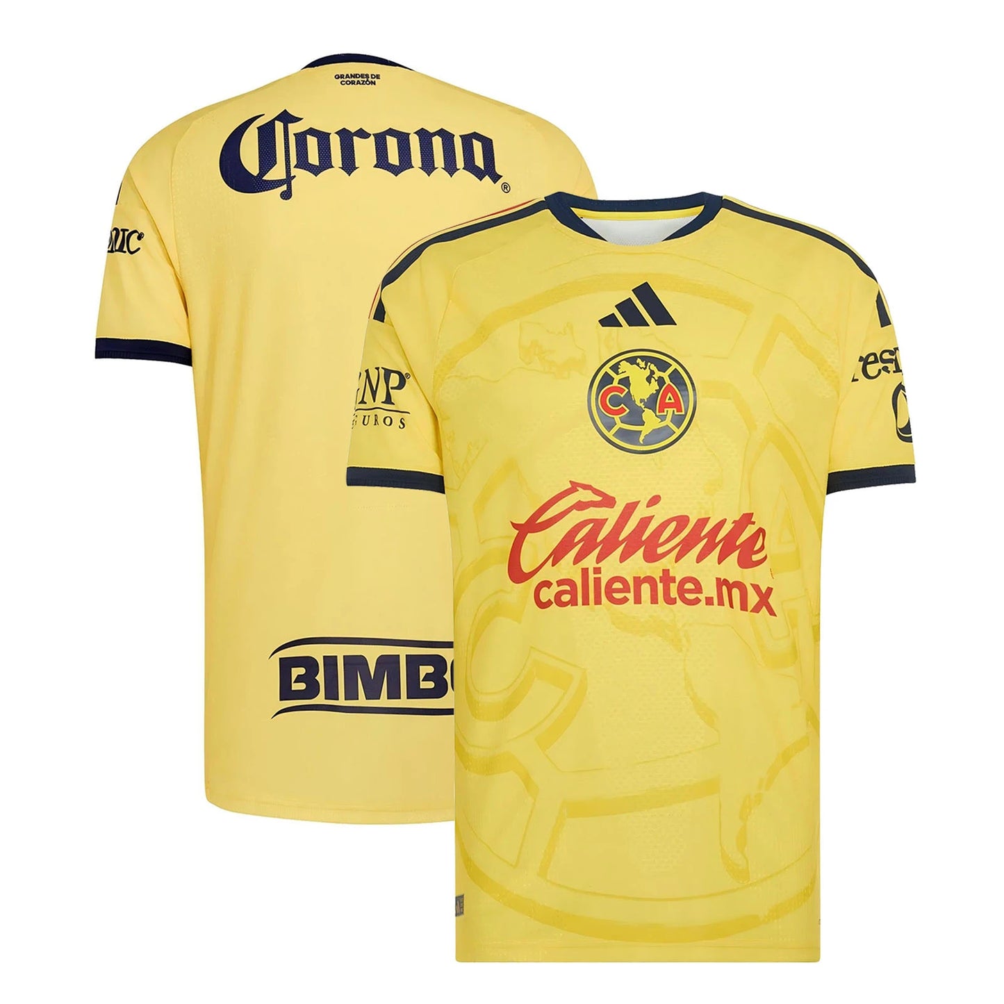 Club America 2026/27 home stadium replica jersey front and back combined view with yellow base and blue eagle stripe design