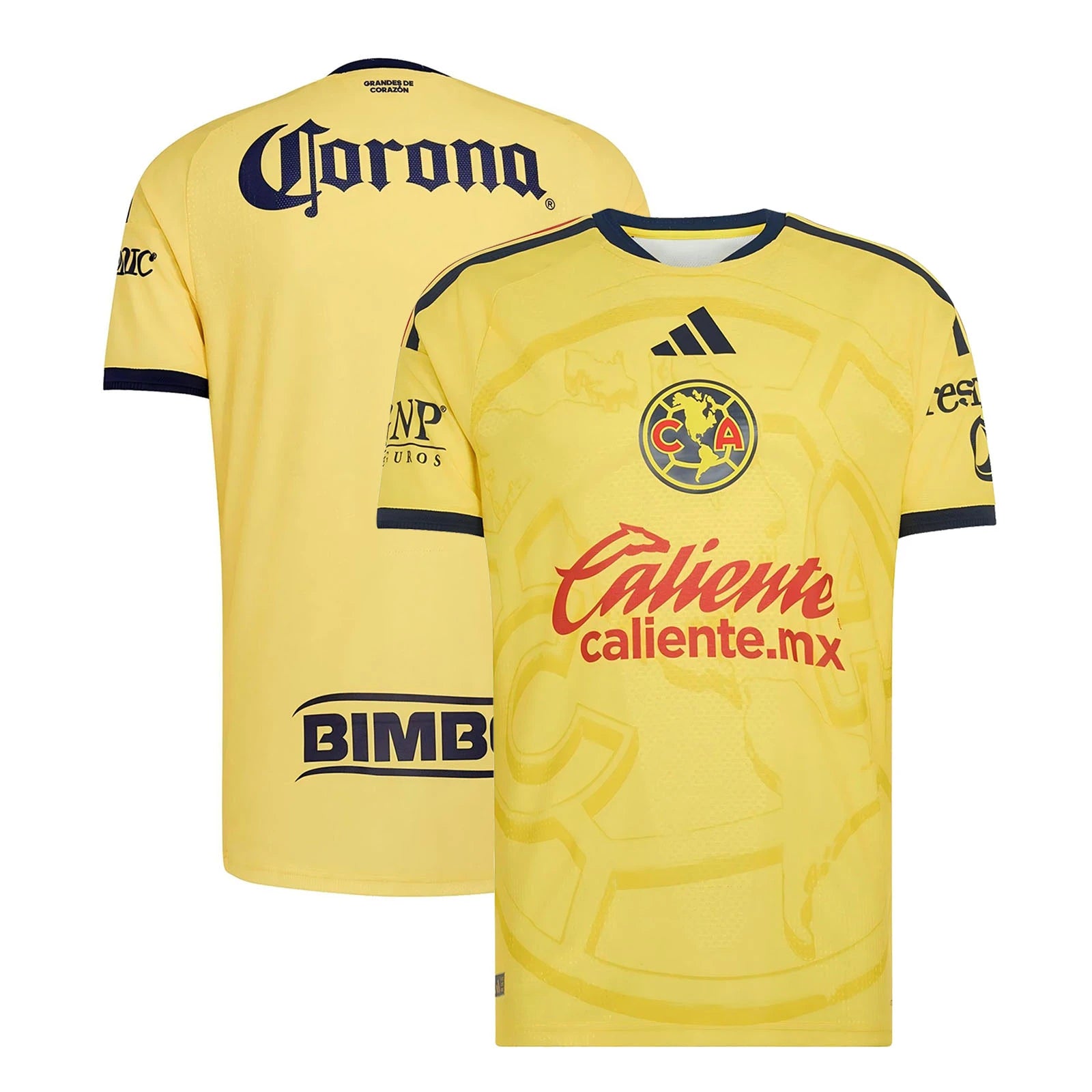 Club America 2026/27 home stadium replica jersey front and back combined view with yellow base and blue eagle stripe design