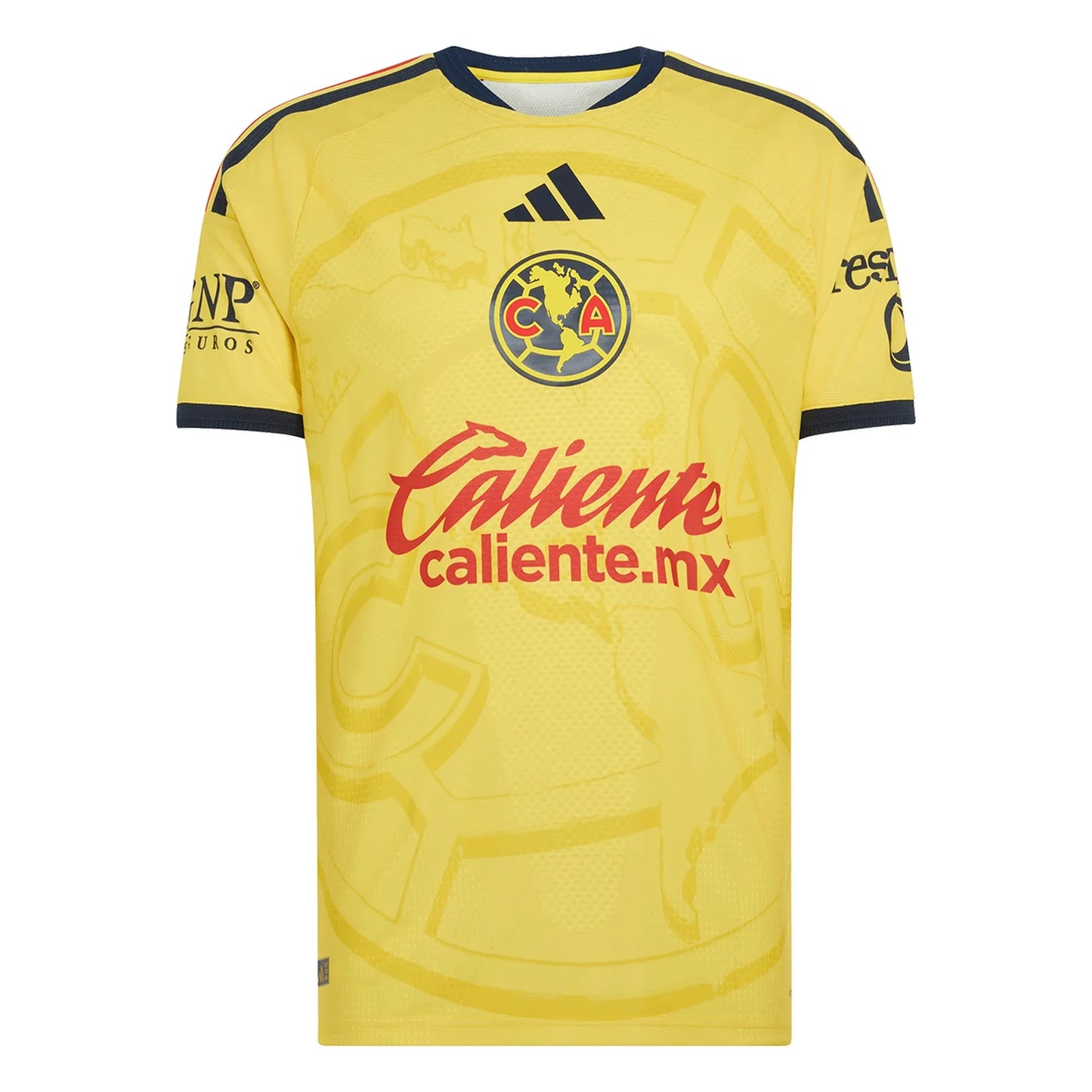 Flat lay of Club America home stadium replica jersey front with yellow and blue design and eagle crest