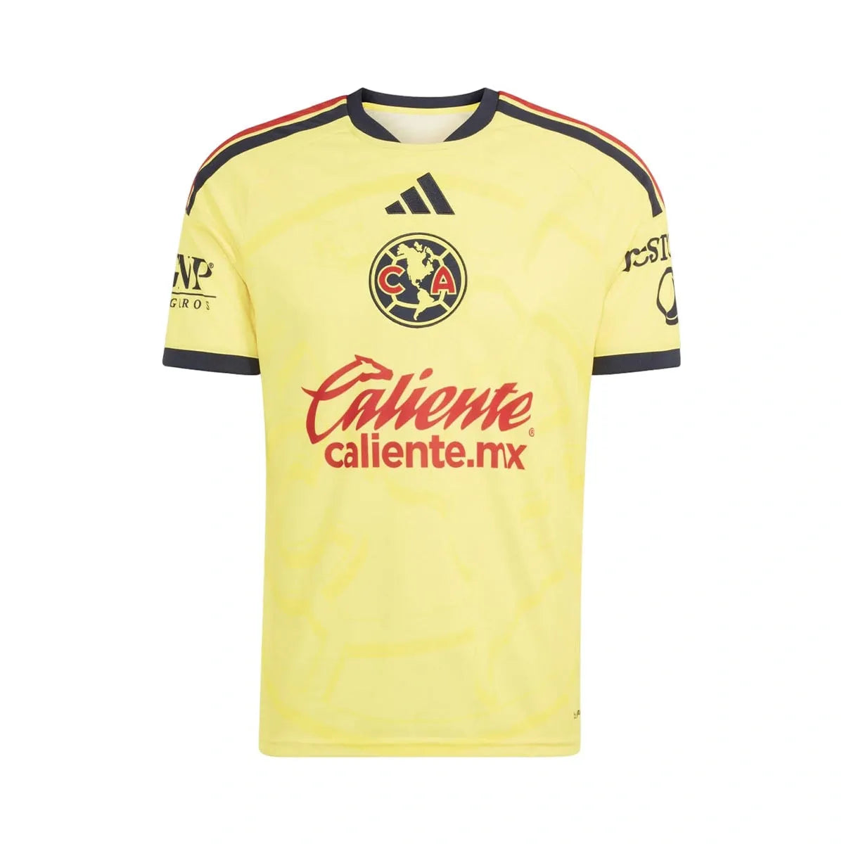 A yellow Club América soccer jersey by Adidas, featuring the club crest, red 'Caliente' sponsor logo, and black and red shoulder stripes, shown against a plain white background.