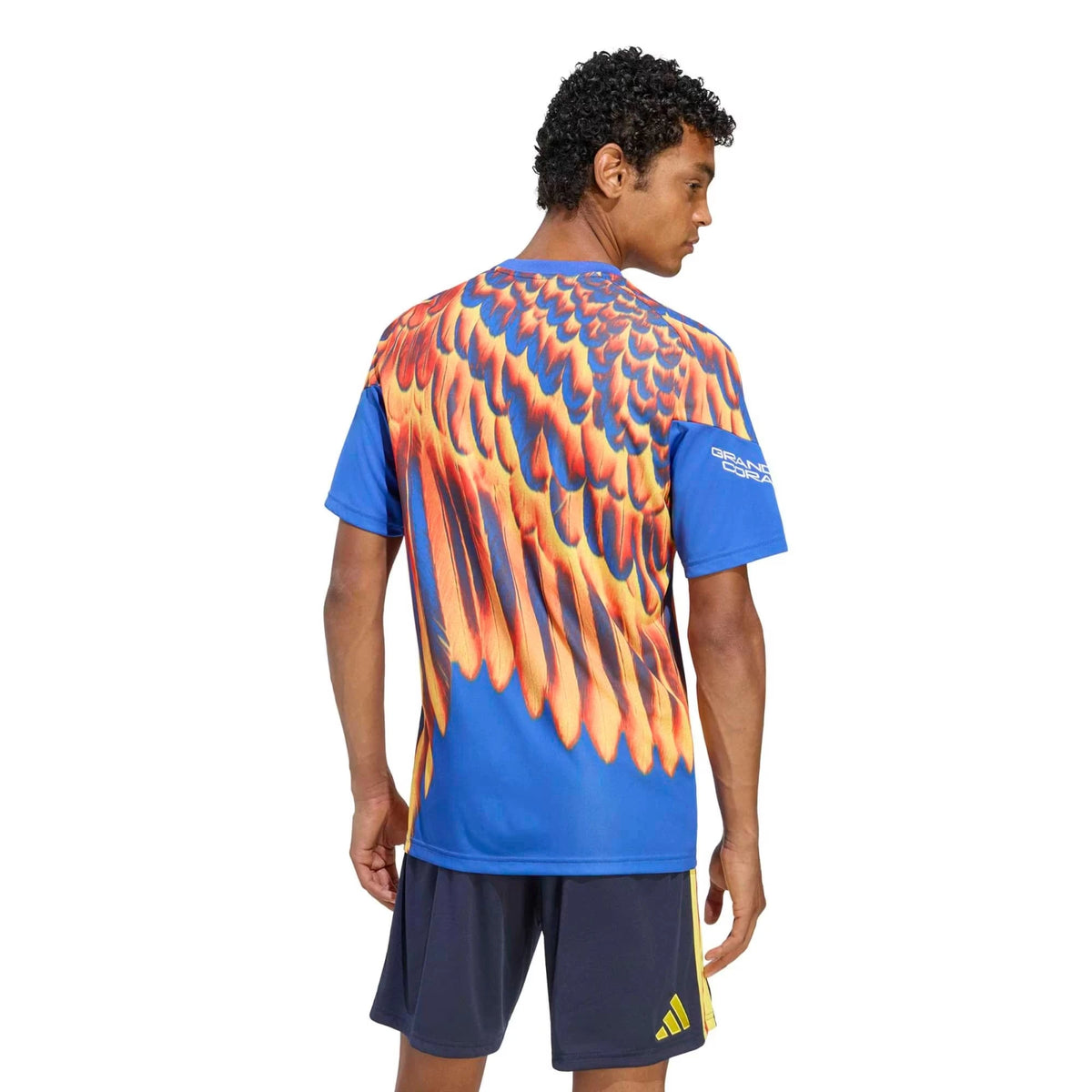 A man wearing a blue athletic jersey with a large orange and yellow wing graphic on the back, shown from the rear against a white background.