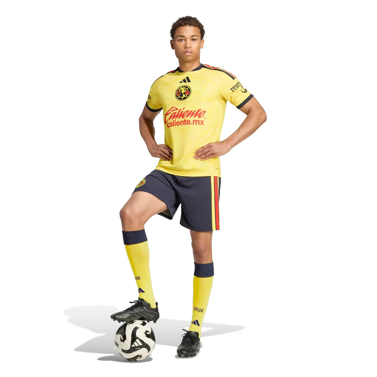 A male model wearing a yellow Club America 2026-2027 home yellow replica football shirt 