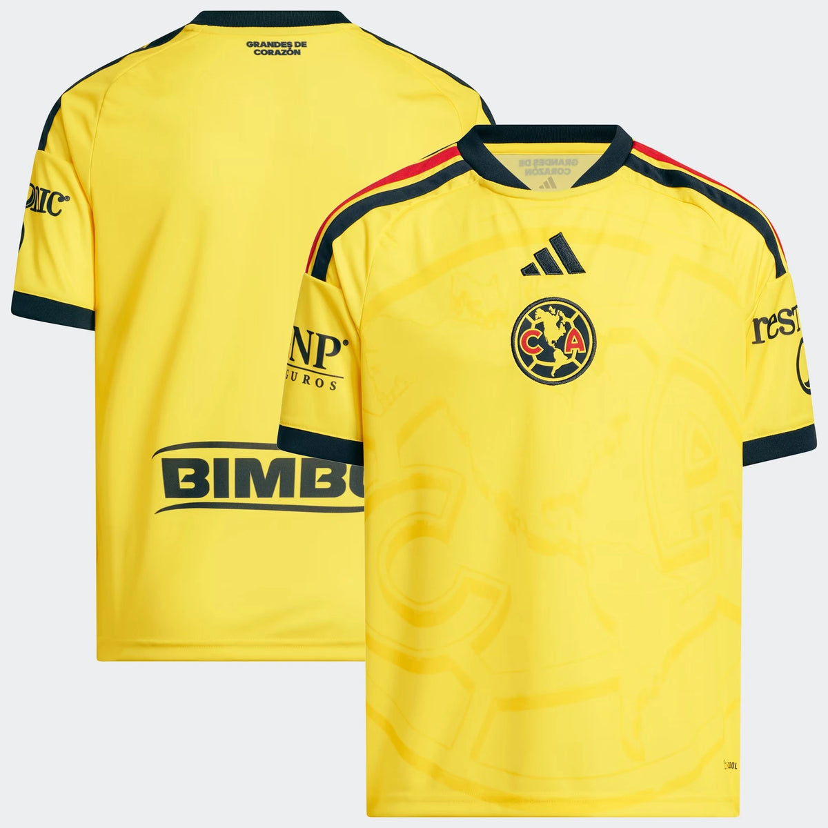 Front and back view of youth Club America 2026-2027 home yellow replica jersey by Final Third Kit