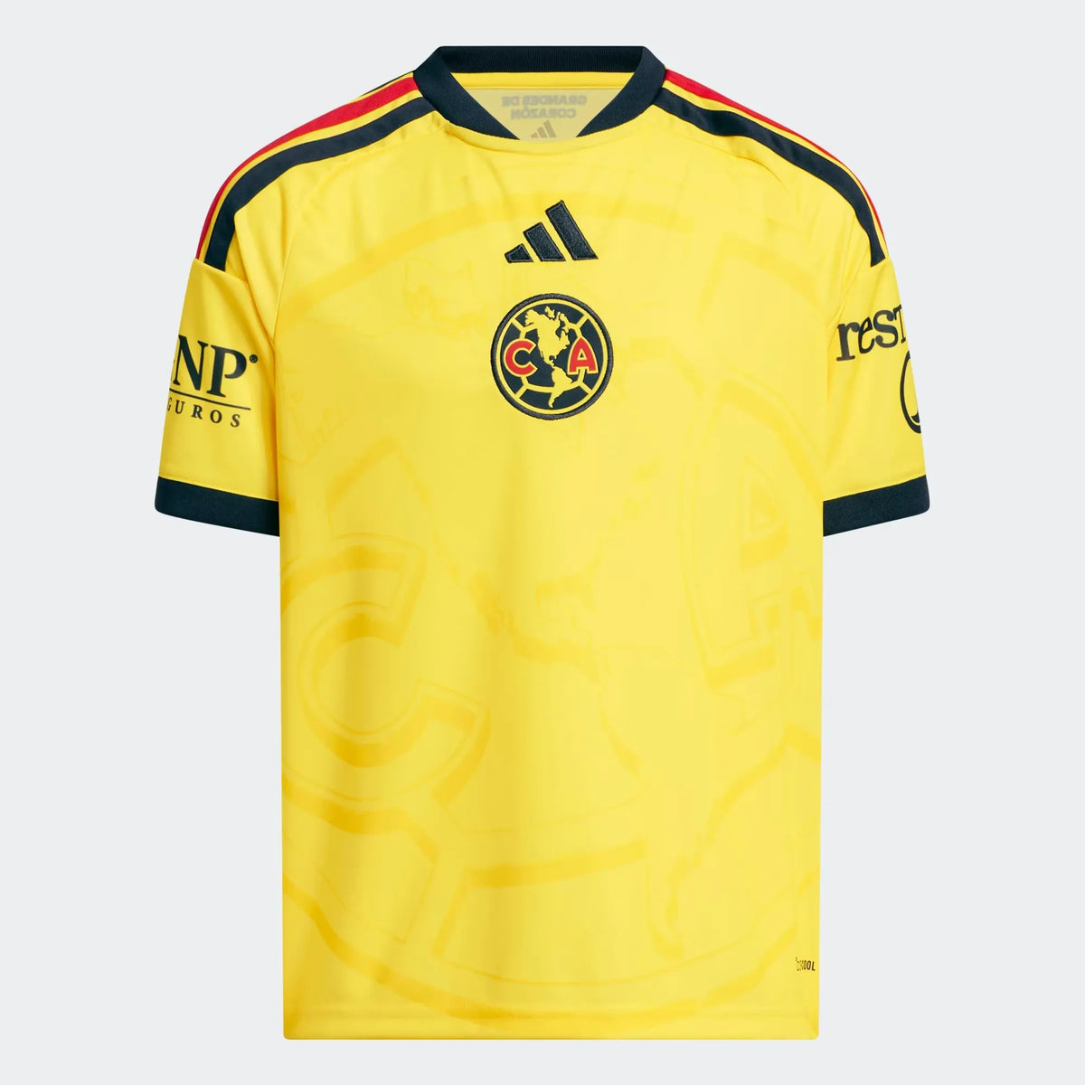 Front view of youth Club America 2026-2027 home yellow replica soccer jersey by Final Third Kit