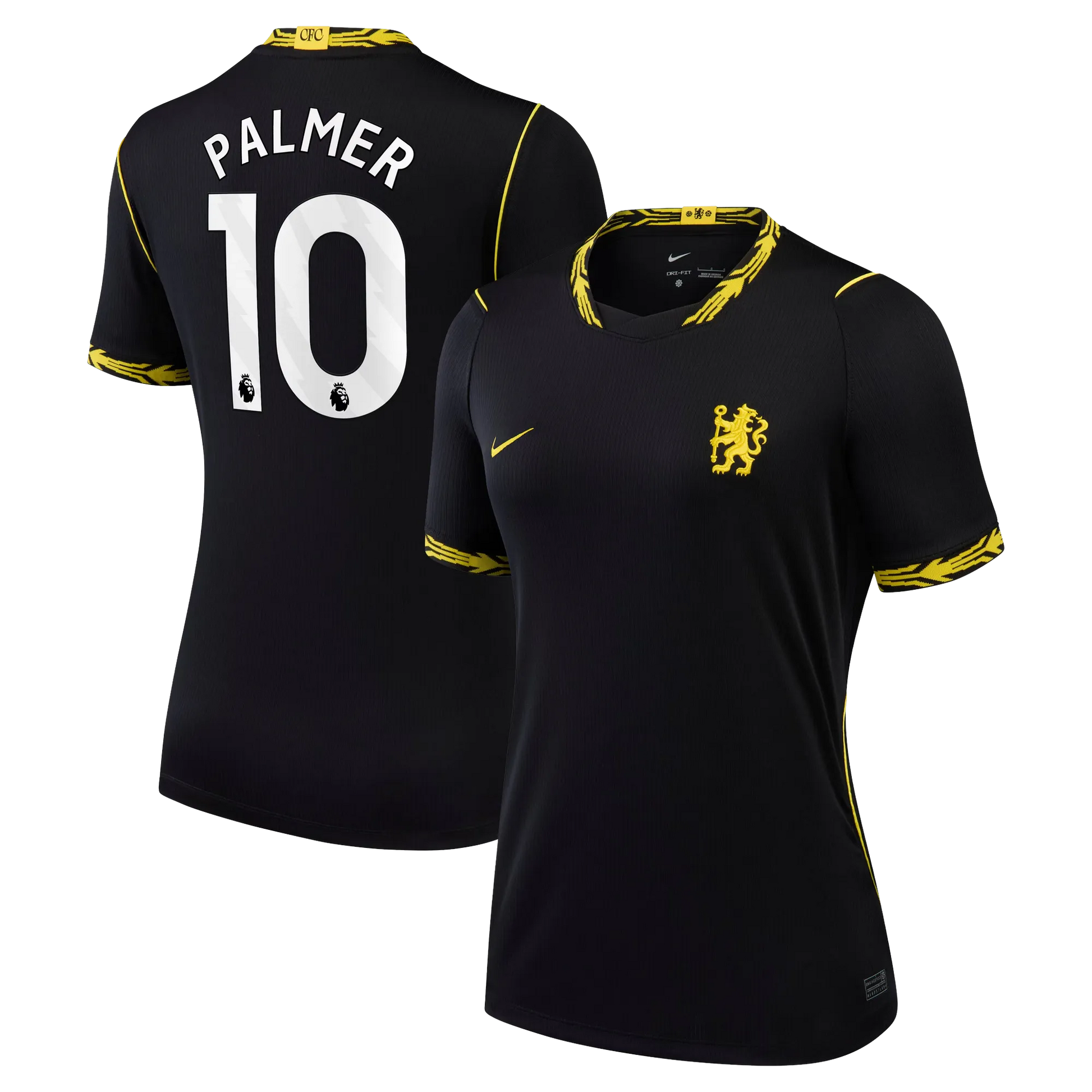 Front and back view of women's Chelsea 2026-2027 away black stadium replica jersey featuring Cole Palmer by Final Third Kit