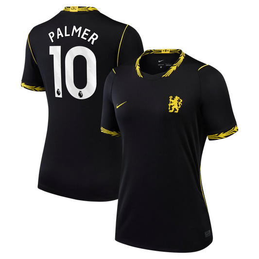 Front and back view of women's Chelsea 2026-2027 away black stadium replica jersey featuring Cole Palmer by Final Third Kit