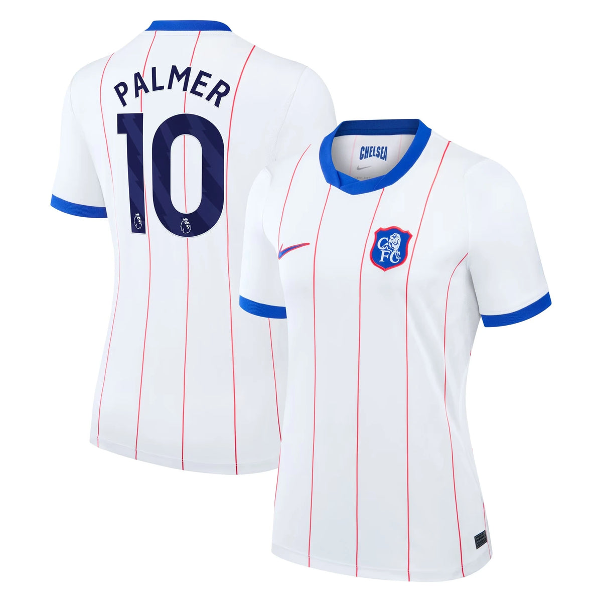 Front and back view of women's Chelsea 2026-2027 third white stadium replica jersey featuring Cole Palmer by Final Third Kit