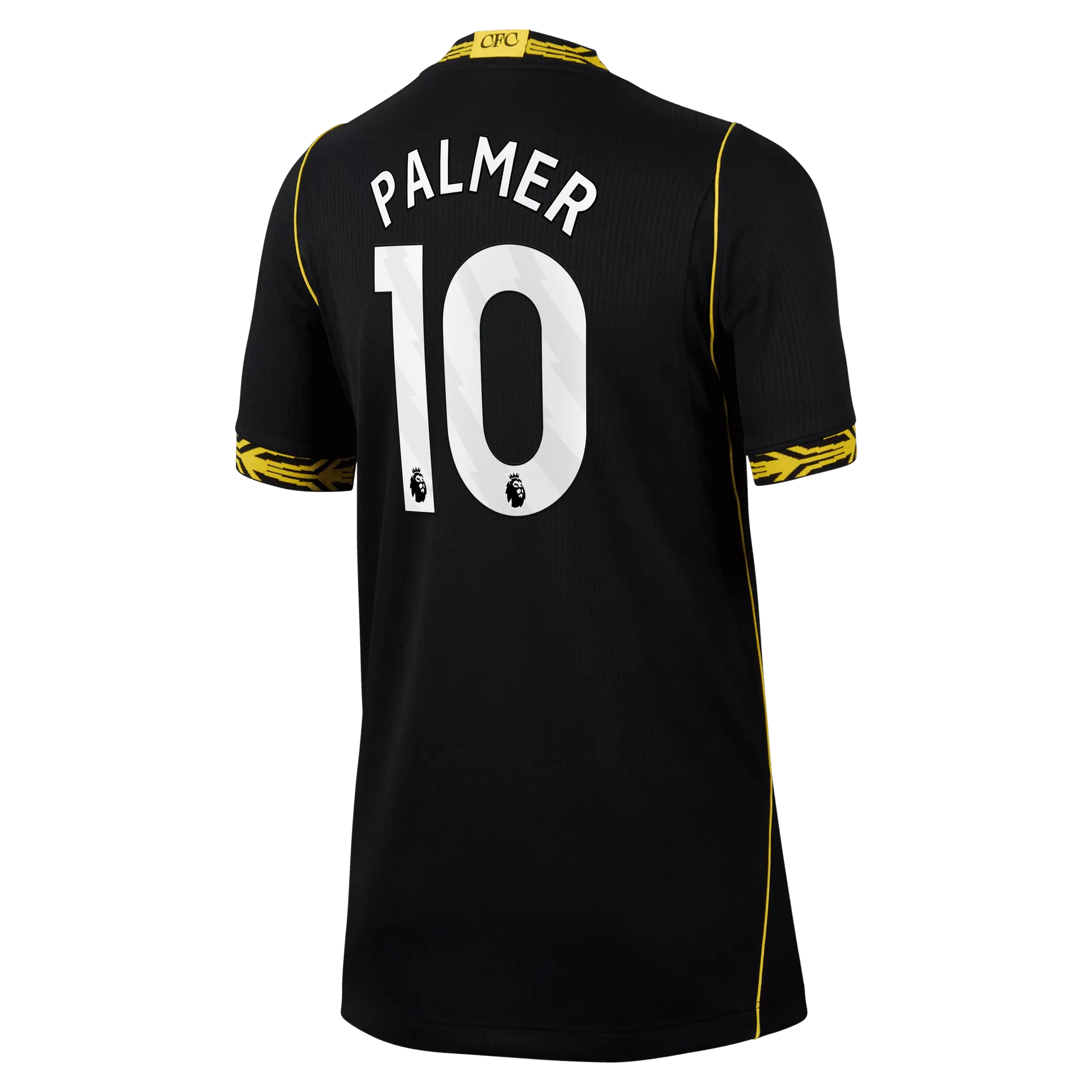 Back view of youth Chelsea 2026-2027 away black football shirt with Cole Palmer name and number printing by Final Third Kit