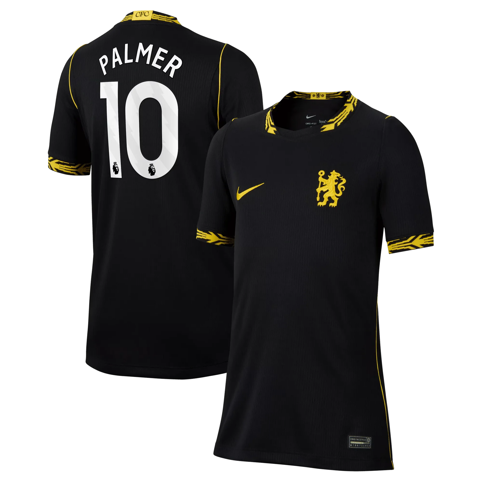 Front and back view of youth Chelsea 2026-2027 away black stadium replica jersey featuring Cole Palmer by Final Third Kit