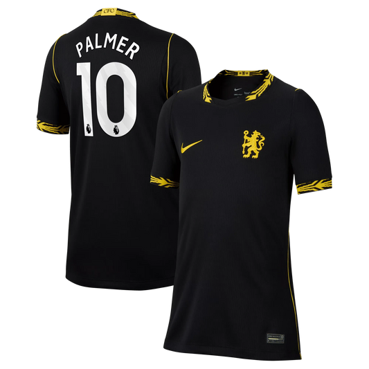 Front and back view of youth Chelsea 2026-2027 away black stadium replica jersey featuring Cole Palmer by Final Third Kit