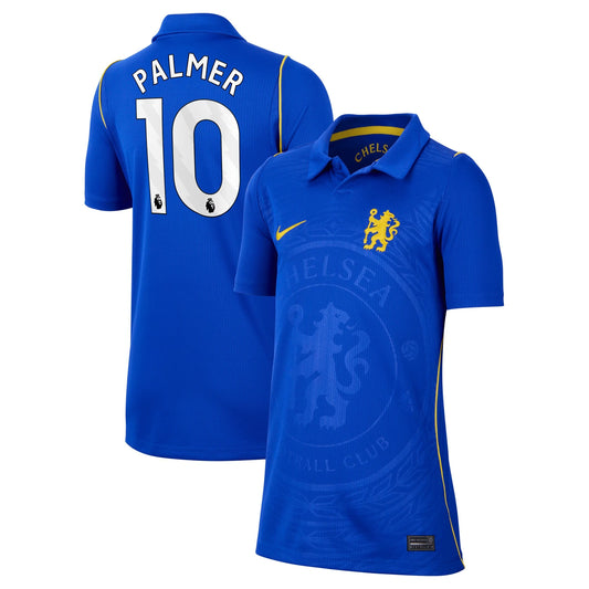 Front and back view of youth Chelsea 2026-2027 home blue stadium replica jersey featuring Cole Palmer by Final Third Kit