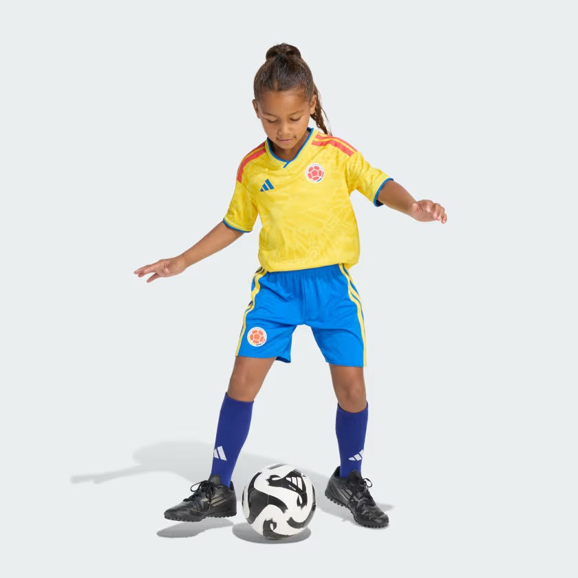 Girl Wearing Colombia National Team 2026 Home Kids Soccer Jersey Set Blank - Final Third Kit