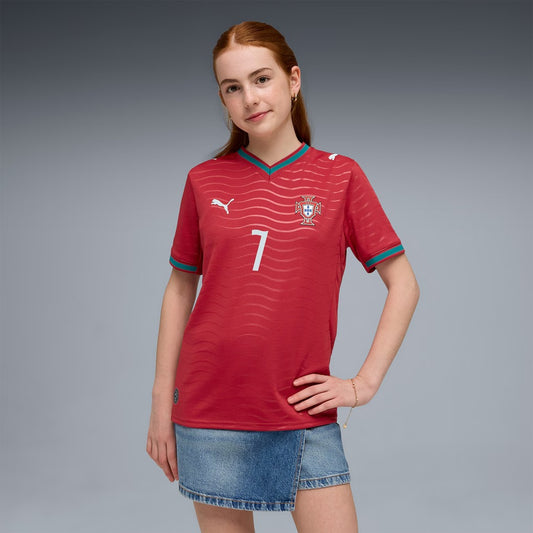 girl wearing a red Portugal 2026 World Cup home Kids Stadium Replica Jersey - Ronaldo #7