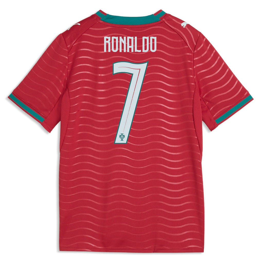 girl wearing a red Cup home Kids Stadium Replica Jersey - Ronaldo #7 back view