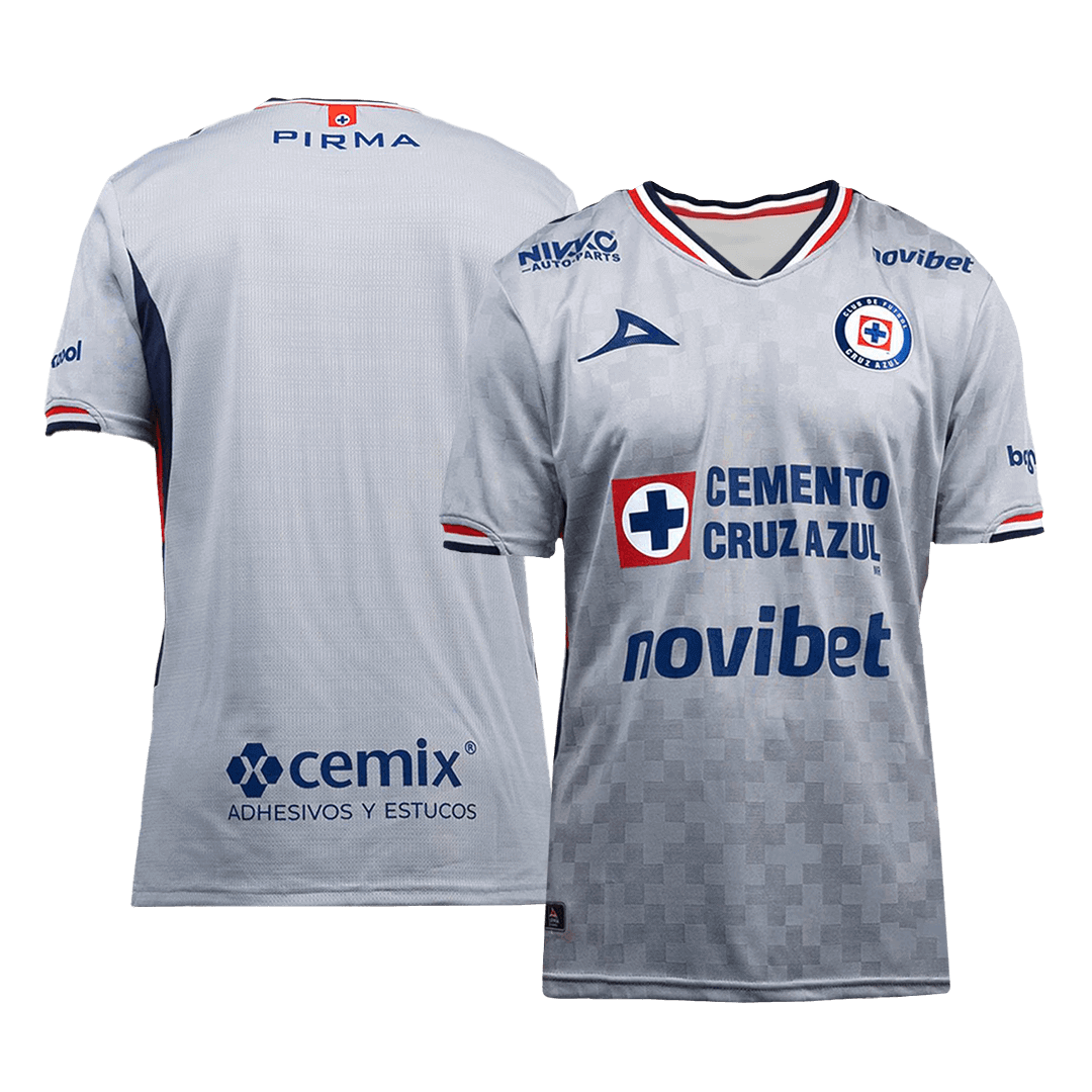 Cruz Azul 2025/26 away replica jersey front and back combined view with white base and blue wave pattern