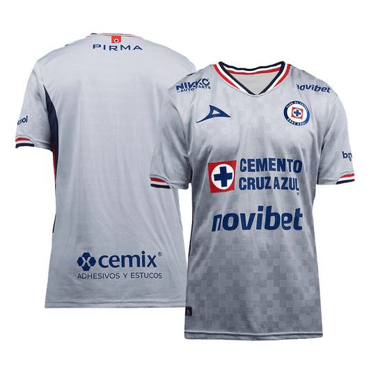 Cruz Azul 2025/26 away replica jersey front and back combined view with white base and blue wave pattern