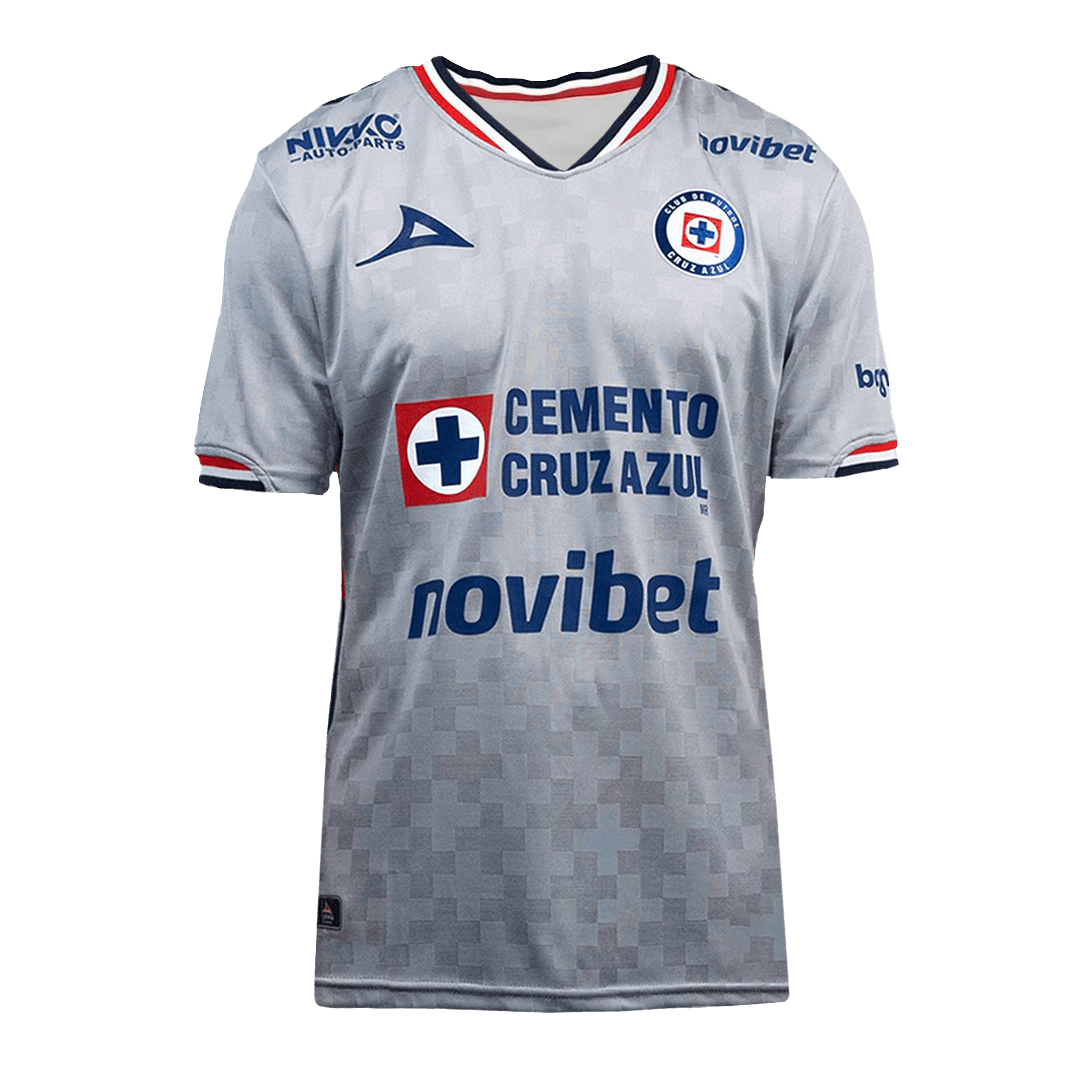Flat lay of Cruz Azul away replica jersey front with blue gradient design and club crest