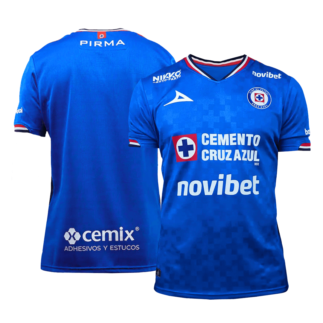 Cruz Azul 2025/26 home replica jersey front and back combined view with blue and white vertical stripes