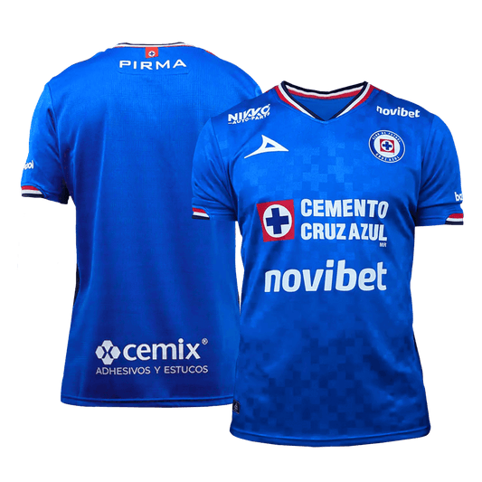 Cruz Azul 2025/26 home replica jersey front and back combined view with blue and white vertical stripes